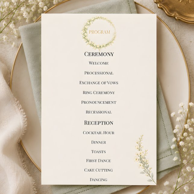 Lyxbabyandning Blommig Bröllopsfest Program (Luxury baby's breath wedding themed program card)