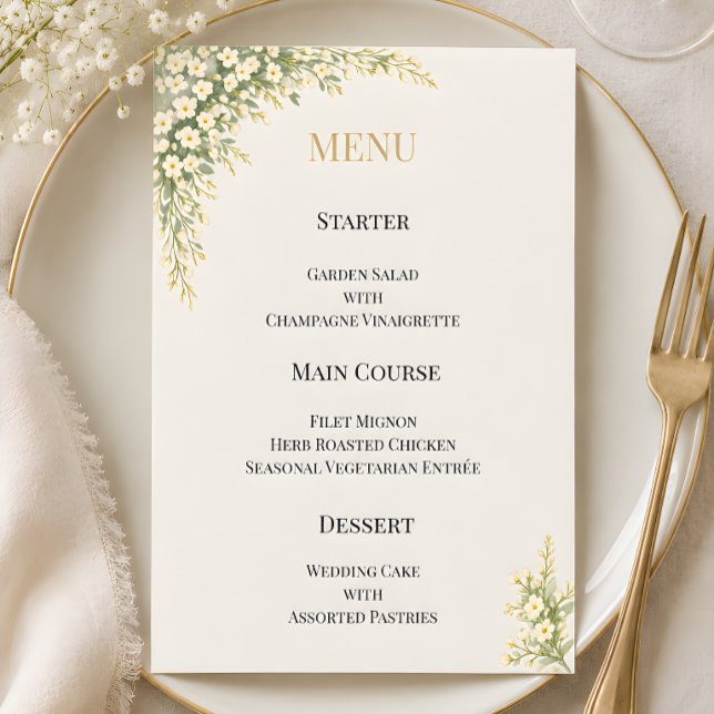 Lyxbaby's Breath Blommig Bröllopsfest Meny (Luxury baby's breath wedding themed menu card)