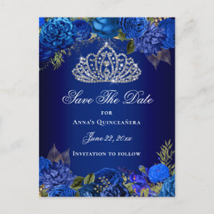 Lyxblå Royal Blommig Quinceanera Spara Datumet Vykort