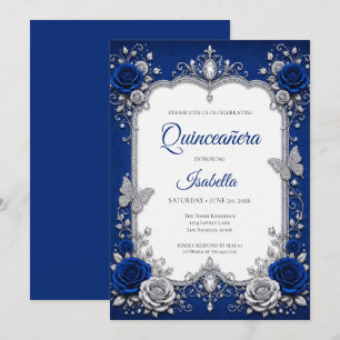 Lyxblå Royal Silver Quinceañera Inbjudningar