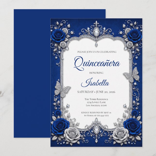 Lyxblå Royal Silver Quinceañera Inbjudningar (Fram/baksida)