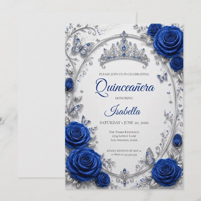 Lyxblå Royal Silver Quinceañera Inbjudningar (Fram/baksida)