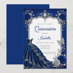 Lyxblå Royal Silver Quinceañera Inbjudningar