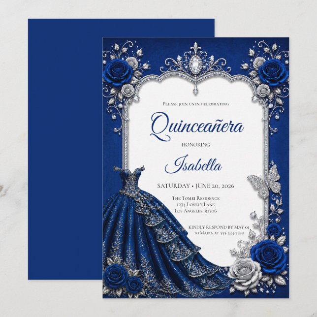 Lyxblå Royal Silver Quinceañera Inbjudningar (Fram/baksida)