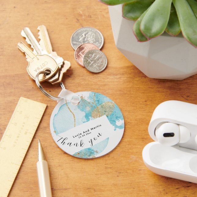 Lyxblått och Golden Watercolor Tack Bröllop Nyckelring (Skrivbord)