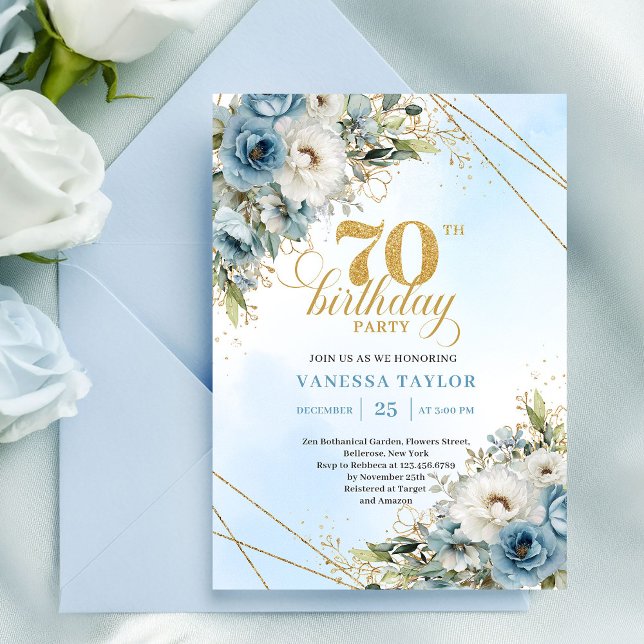 Lyxbohemisk blå blommig 70-årsdag i guld inbjudningar (Luxe bohemian blue florals gold 70th birthday invite

)