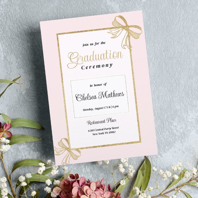  lyxböljan rosa guld glitter Studenten Inbjudningar (Luxury blush pink gold glitter bow Graduation )