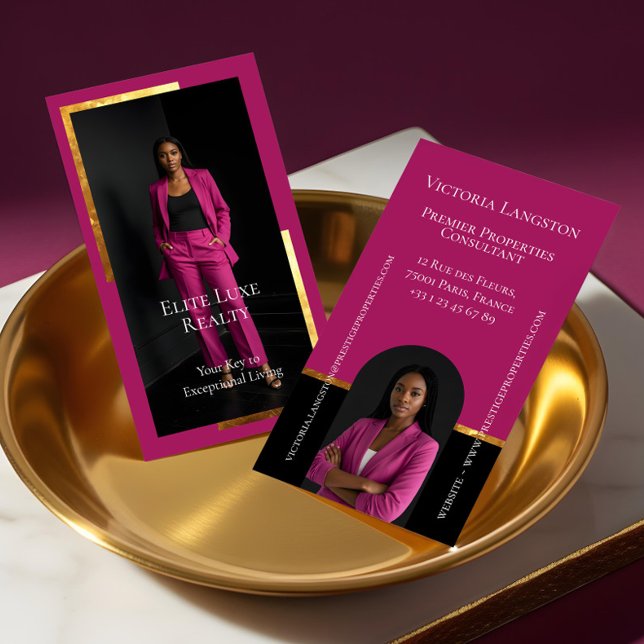 Lyxbostäder Elegant Svart Guld & Rosa Foto Visitkort (Luxury Real Estate Elegant Black Gold & Pink Photo Business Card)