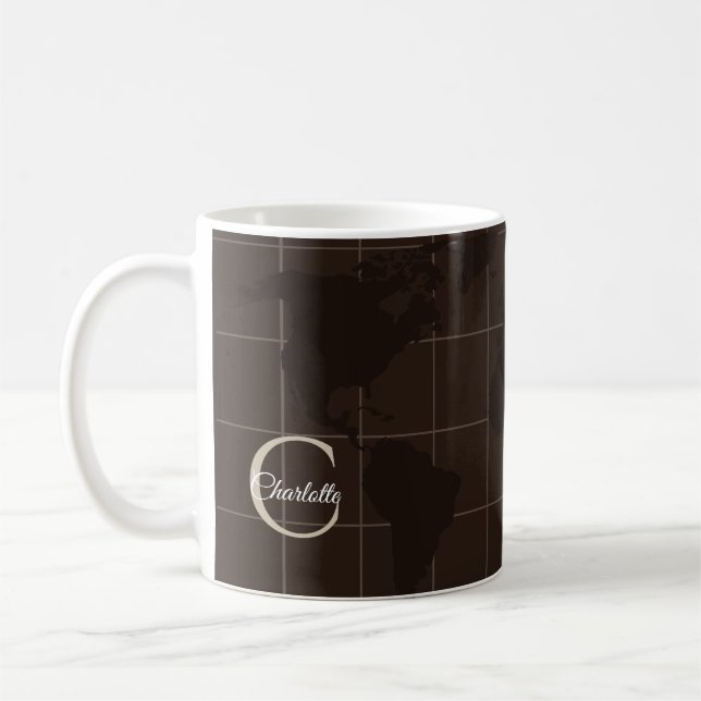 Lyxbrun världskarta monogram namn kaffemugg (Vänster)