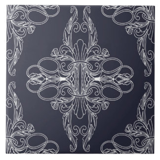 Lyxdesign, blommönster, marinblått, vitt kakelplatta