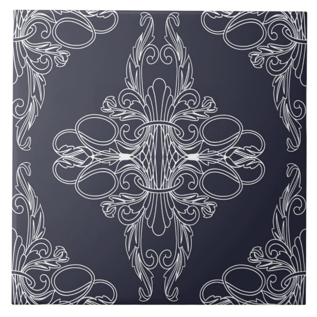 Lyxdesign, blommönster, marinblått, vitt kakelplatta (Framsidan)