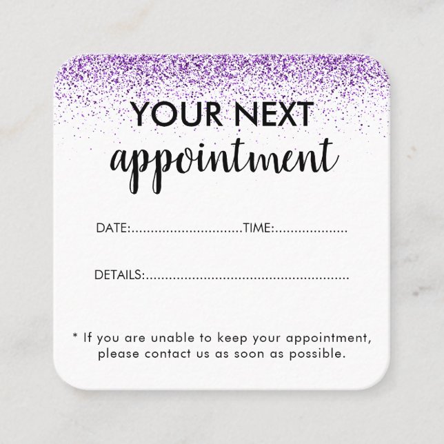 Lyxdroppar glitter lila Salon-avtalskort Tidsbeställning Kort (Framsida)