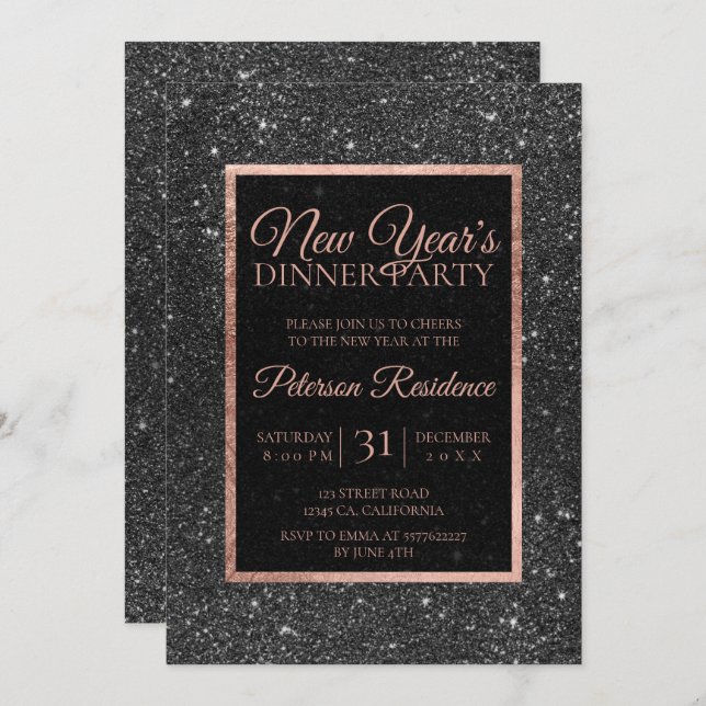 lyxen för elegant i Svarta glitter-ron,  i guld Inbjudningar (Fram/baksida)