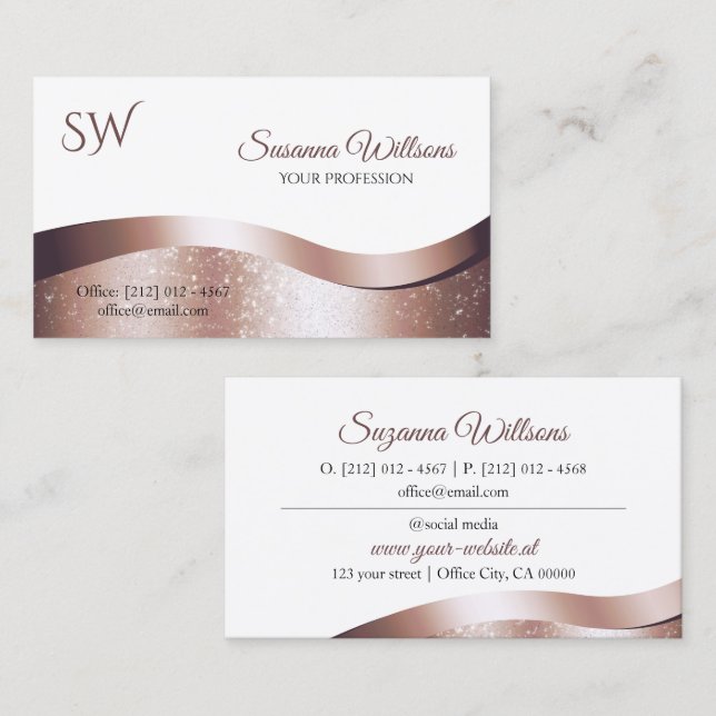 Lyxet Vågigt Ro Guld Decor White med Monogram Visitkort (Fram/baksida)