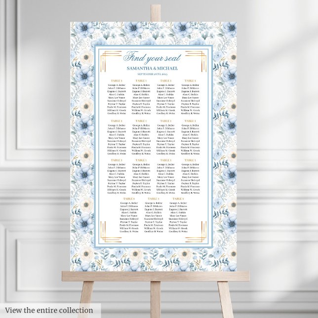 Lyxfärgsdiagram med ljusblå Guld-säten Poster (Luxury Watercolor Light Blue Gold Seating Chart)