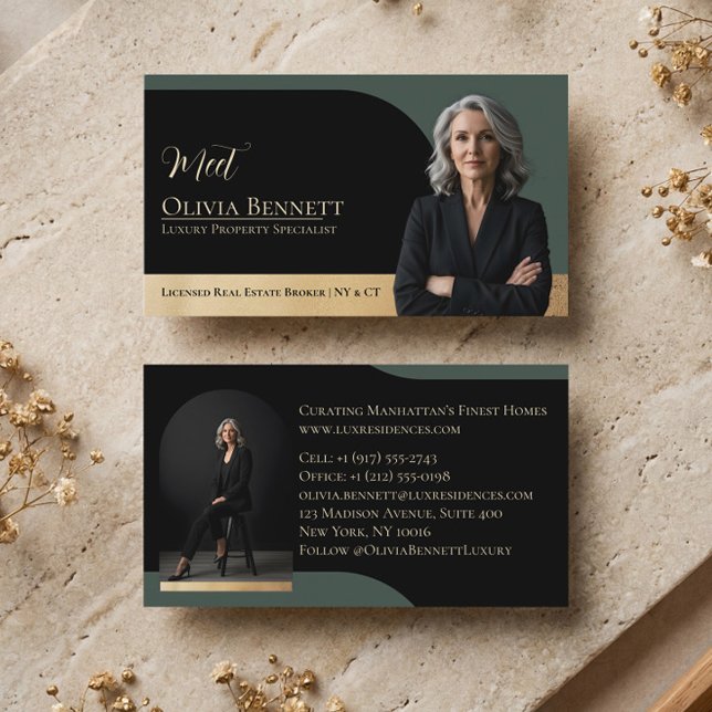 Lyxfastigheter Arkram Foto Svart Guld Visitkort (Luxury Real Estate Arch Frame Photo Black Gold Business Card)