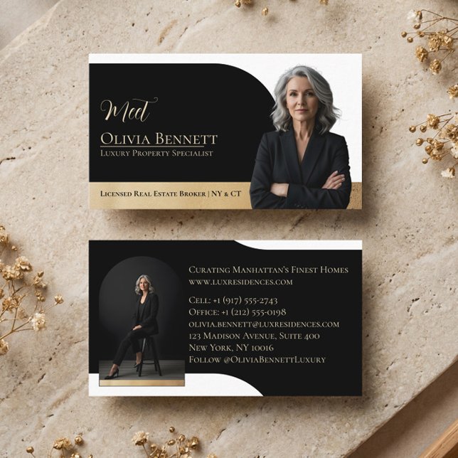 Lyxfastigheter Arkram Foto Svart Guld Visitkort (Luxury Real Estate Arch Frame Photo Black Gold Business Card)