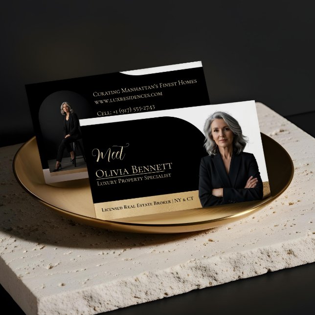 Lyxfastigheter Arkram Foto Svart Guld Visitkort (Luxury Real Estate Arch Frame Photo Black Gold Business Card)