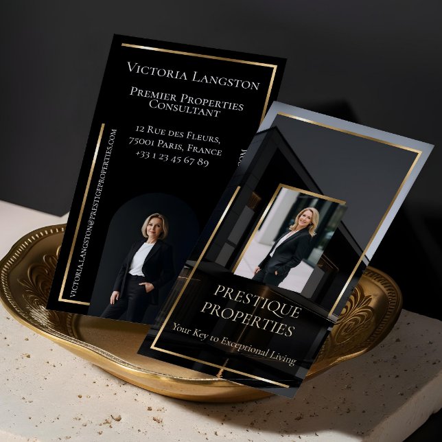Lyxfastigheter Svart Guld Foto Monogram Visitkort (Luxury Real Estate Black Gold Photo Monogram Business Card)