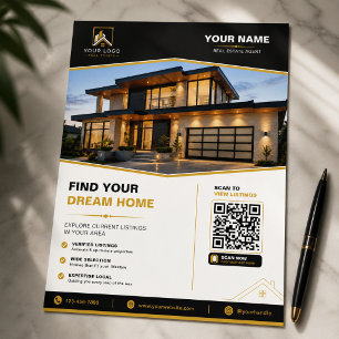 Lyxfastigheter Svart Guld QR-design Flyer