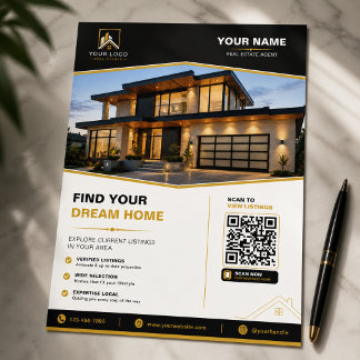 Lyxfastigheter Svart Guld QR-design Flyer
