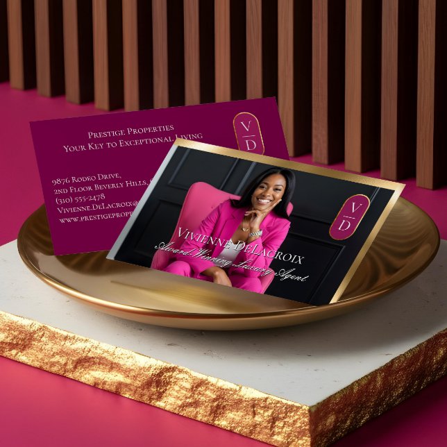 Lyxfastigheter Svart Guld Rosa Monogram Visitkort (Luxury Real Estate Black Gold Pink Photo Monogram Business Card)