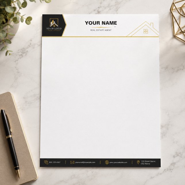 Lyxfastigheter Svart Guld Varumärkning Brevhuvud (Luxury Real Estate Letterhead Design | Black Gold Realtor Stationery Mockup)