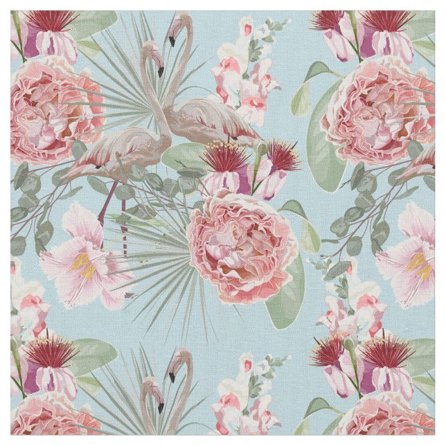 Lyxflamingo med plam från fläkt och blått från blo tyg (Närbild)