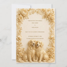 Lyxig 3D Guld Golden Retriever Bröllopsinbjudan