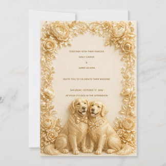Lyxig 3D Guld Golden Retriever Bröllopsinbjudan Inbjudningar