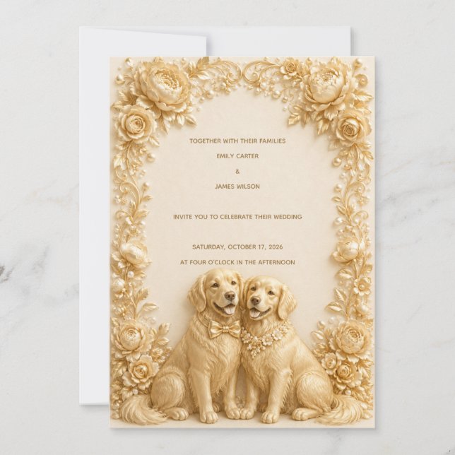 Lyxig 3D Guld Golden Retriever Bröllopsinbjudan Inbjudningar (Framsida)