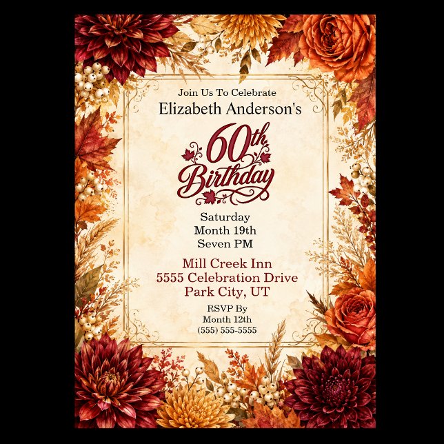 Lyxig 60-årsfest på hösten inbjudningar (Elegant 60th birthday invitation with burgundy dahlias, orange roses, golden chrysanthemums, autumn )