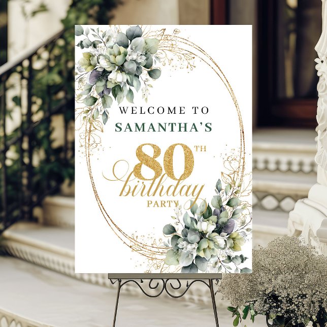 Lyxig 80-års Grönska Guld Välkommen Födelsedagssky Poster (Luxury 80th Greenery Gold Welcome Birthday Sign)