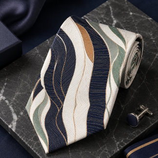 Lyxig Abstrakt Våg Navyblå Salvia Grön Beige Slips