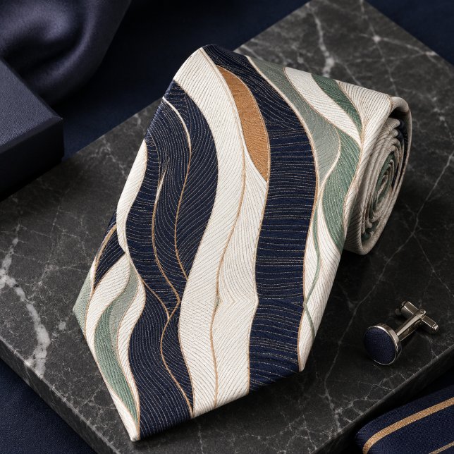Lyxig Abstrakt Våg Navyblå Salvia Grön Beige Slips (Skapare uppladdad)