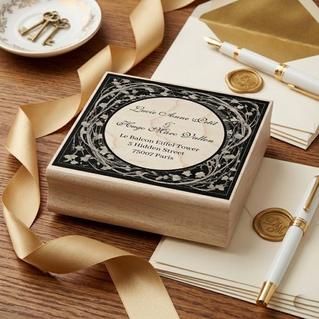 Lyxig Alphonse Mucha Ram Bröllops Returadress Stämpel (Luxury Alphonse Mucha Frame Wedding Return Address Rubber Stamp)