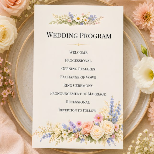 Lyxig äng med vilda blommor och romantiska blommor (Part of the luxury wildflower meadow wedding theme collectiion, program card)