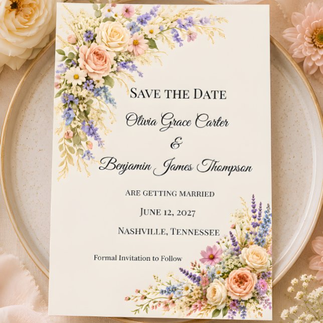 Lyxig äng med vildblommor och pastellfärgade blomm spara datumet (Part of the luxury wildflower meadow wedding theme collection, save the date card)