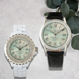 Lyxig Aqua Marmor Svart Läderarmband Herr Armbandsur