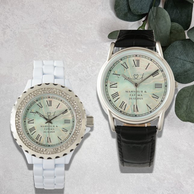 Lyxig Aqua Marmor Svart Läderarmband Herr Armbandsur (Skapare uppladdad)