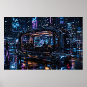 Lyxig autonomisk kontorspod i cyberpunkstad poster