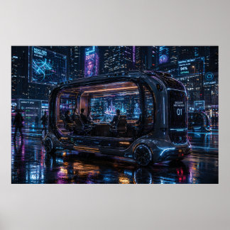 Lyxig autonomisk kontorspod i cyberpunkstad poster