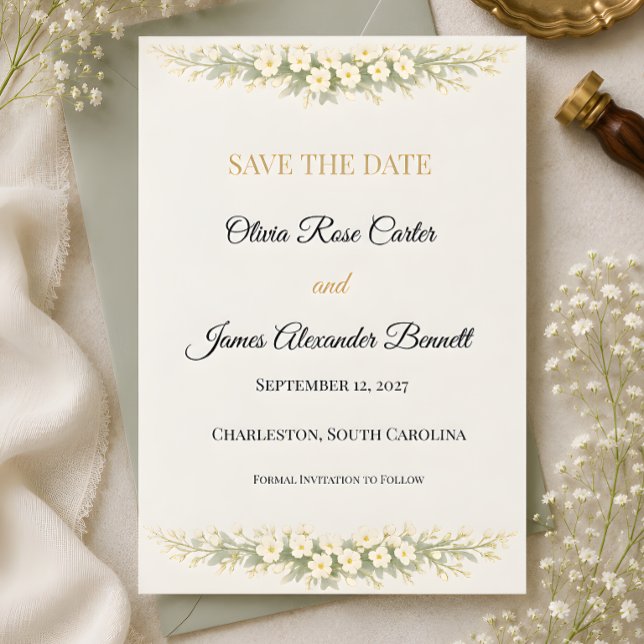 Lyxig Baby's Breath Blommig Spara Datumet (Luxury baby's breath wedding themed save the date card)