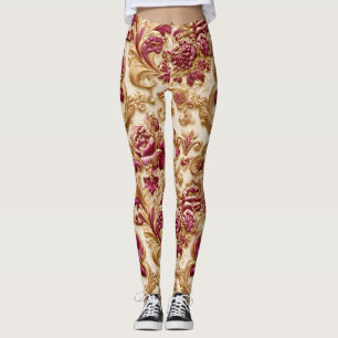 Lyxig Barock Blommig Guld Och Burgunder Leggings