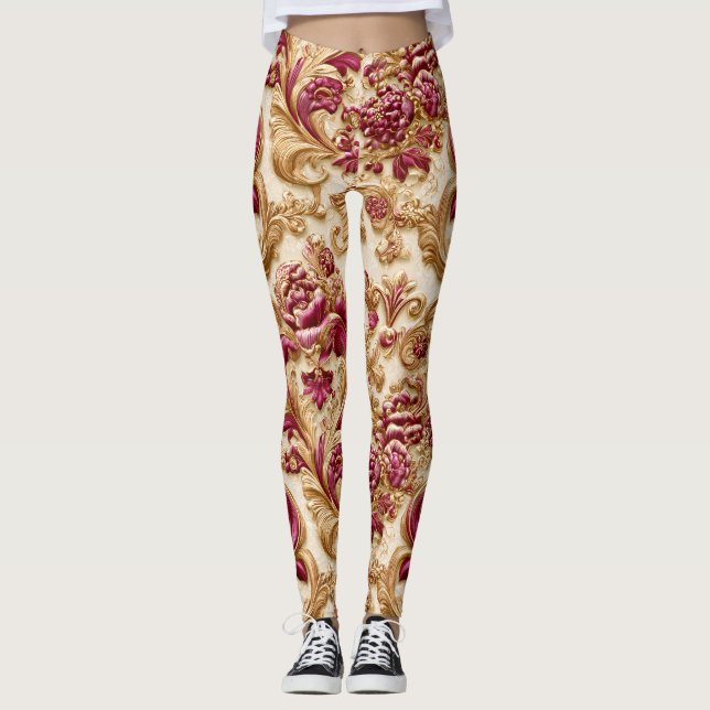 Lyxig Barock Blommig Guld Och Burgunder Leggings (Framsida)
