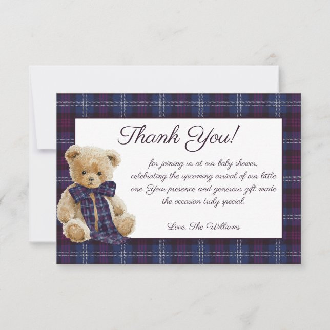 Lyxig Björn Plaid Bow Baby Shower  Tack Kort (Framsida)
