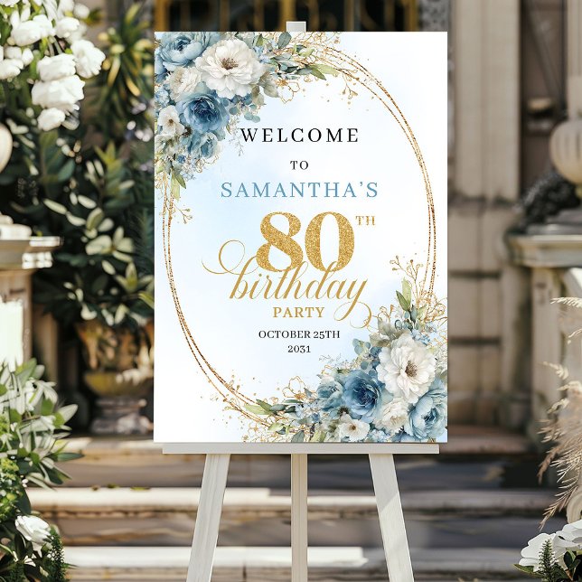 Lyxig Blå Blommig 80-års Födelsedags Välkomstskylt Poster (Luxury Floral 80th Birthday Welcome Sign)