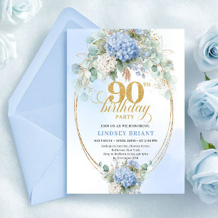 Lyxig Blå Blommig Akvarell 90-års Födelsedagsinbju Inbjudningar