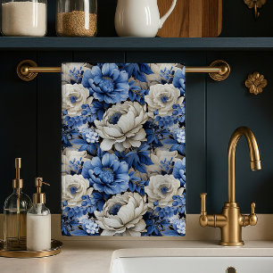 Lyxig Blå Elfenbensblommig Elegant Kökshandduk