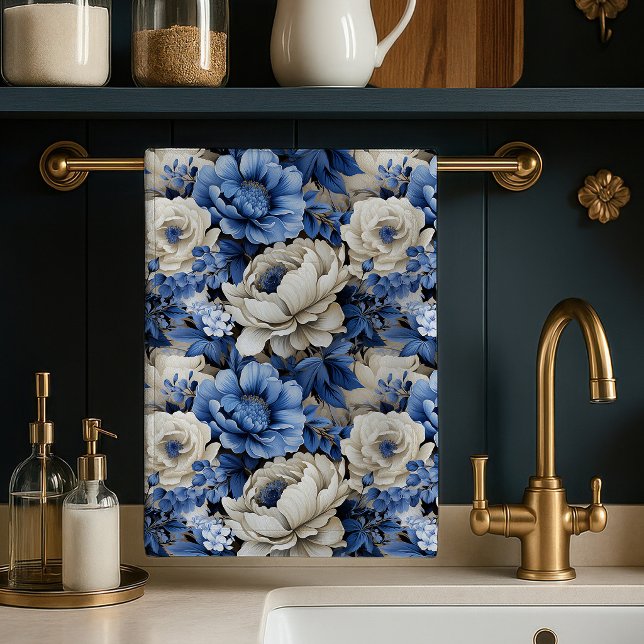 Lyxig Blå Elfenbensblommig Elegant Kökshandduk (Luxury Blue Ivory Floral Elegant Kitchen Towel Cloth)